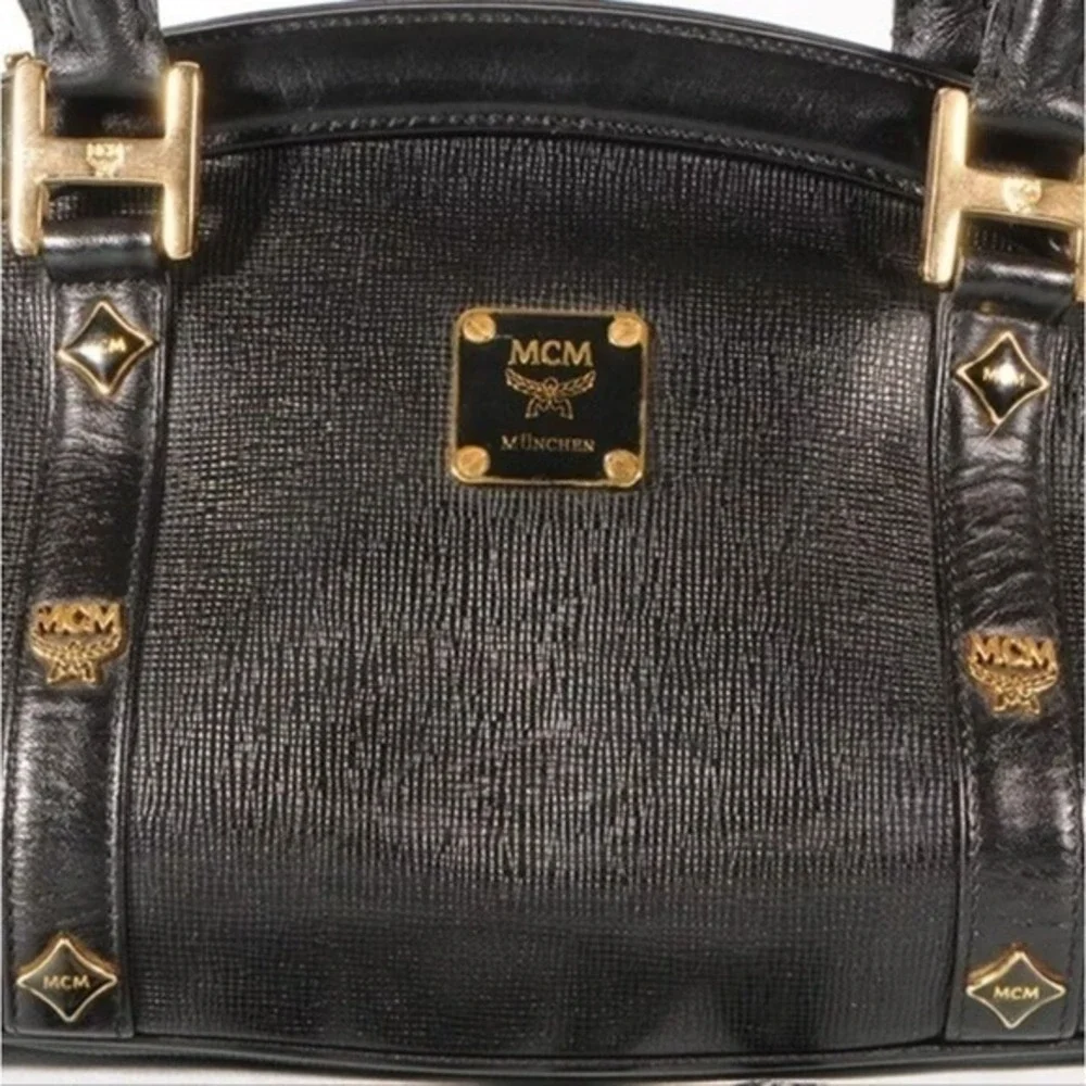 MCM Munchen Black Textured Leather Satchel Gold Hardware Doctor Bag Handbag